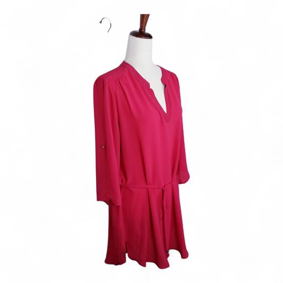 MERAKI Hi/Lo Sheath Dress Red Roll-Tab Sleeves Deep V-neck Belted - Size L - Picture 2 of 9